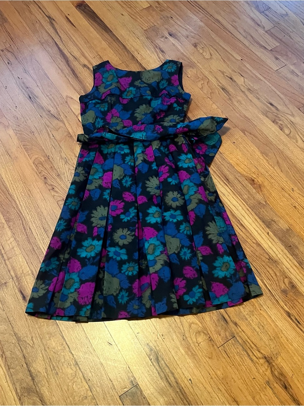 Vintage Floral Fit-and-Flare Dress in Black, Teal & Magenta